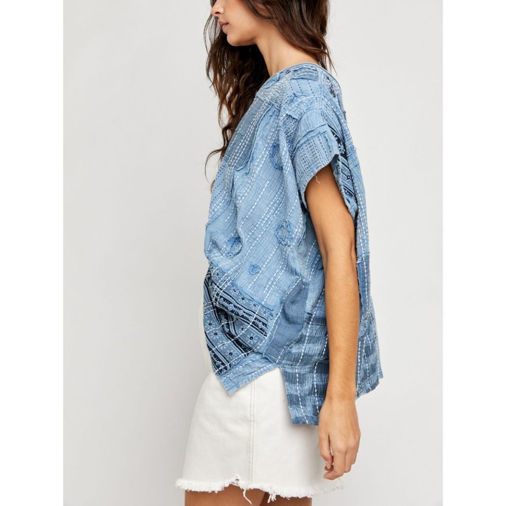 NWT Free People Patch Me Up Tee / Denim Combo - Picture 3 of 6
